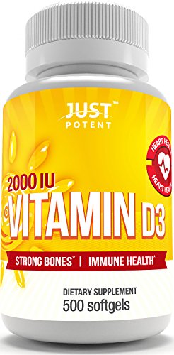 Vitamin D3 Supplement by Just Potent :: 500 Softgels :: 2000 IU :: Strong Bones & Immune Health :: The Benefits of the Sun in a Tiny Softgel :: 500 Days of Uninterrupted Supply :: Gluten Free