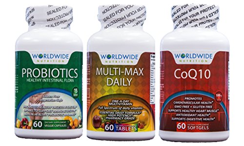 Worldwide Nutrition General Health Kit, Probiotics, Multi-vitamins, CoQ10 Heart Health Supplement, 180 Capsules