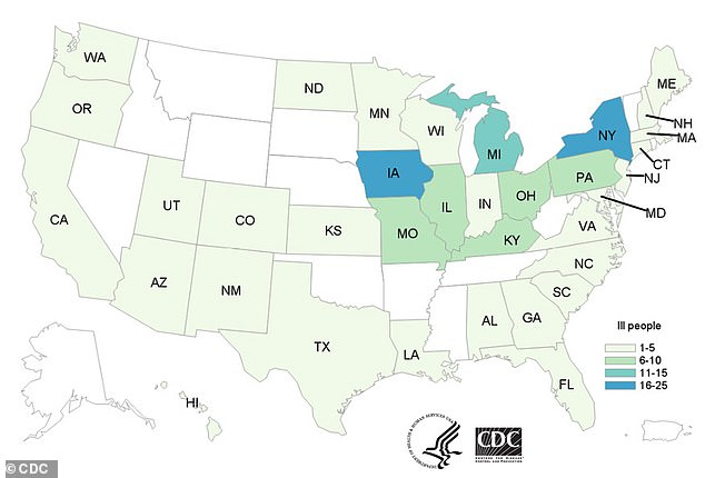 Salmonella linked to pig ears has now sickened 143 people in 35 states (green and blue), with the greatest number in Iowa and New York (blue)