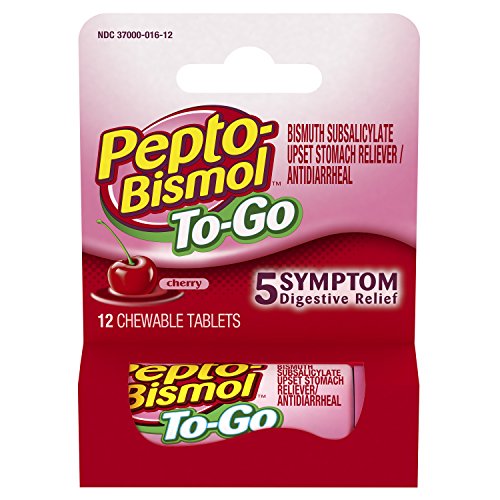 Pepto Bismol To Go 5 Symptom Digestive Relief Medicine, Upset Stomach and Diarrhea Relief, Cherry Flavor, 12 Chewable Tablets
