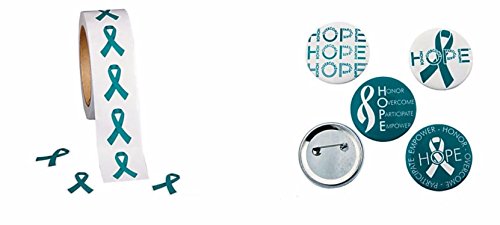500 Teal Awareness Ribbon Stickers + 1 Free Teal Hope Button 2 Inch, Ovarian cancer, cervical cancer, uterine cancer, Anxiety disorders