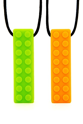 Wave Sensory Chew Sticks Chewing Necklace By Son Of The Wave - Set of 2 (Orange & Green) Silicone Textured Necklace Perfect For Kids And Adults With Autism, ADHD, Anxiety, Stress 2.5 Inches long
