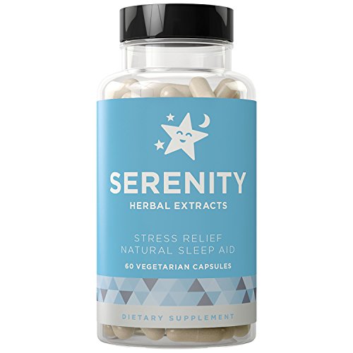 SERENITY Natural Sleep Aid, Stress & Anxiety Relief - Relaxes Mind & Body, Fall Asleep Fast Without Waking Up Groggy - Non-Habit Forming - Magnesium, Valerian, Chamomile - 60 Vegetarian Soft Capsules