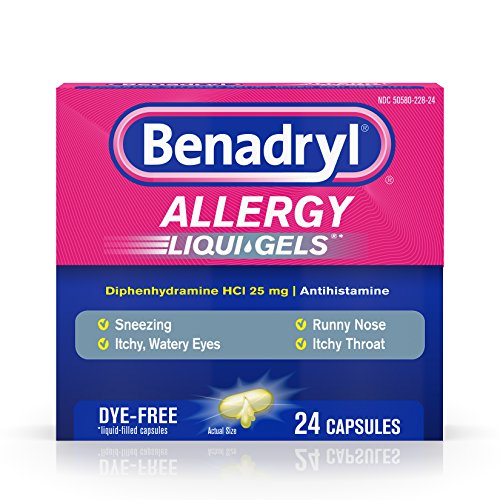 Benadryl  Antihistamine Allergy Medicine & Cold Relief, Dye-Free LIQUI-GELS Tablets, Liquid Gels, 24 Count (Pack of 2)