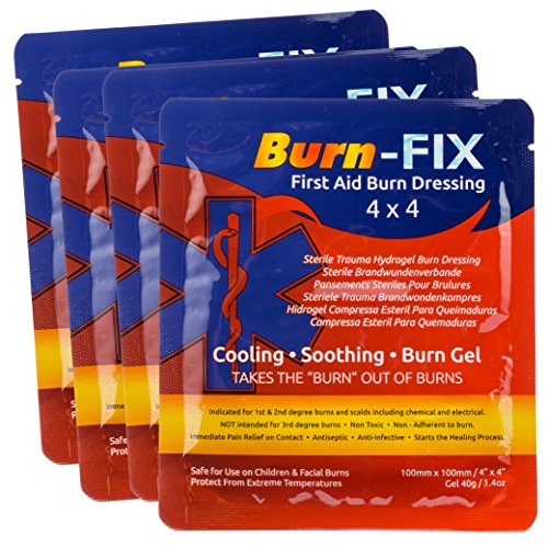 Burn-FIX- 4 Pack-Burn Care Treatment & First Aid Hydrogel Dressing. Immediate Pain Relief Gel/Cream For First & Second Degree Burns, Chemical, Electrical, Grease, Razor and Sunburns. 4 X 4 in.