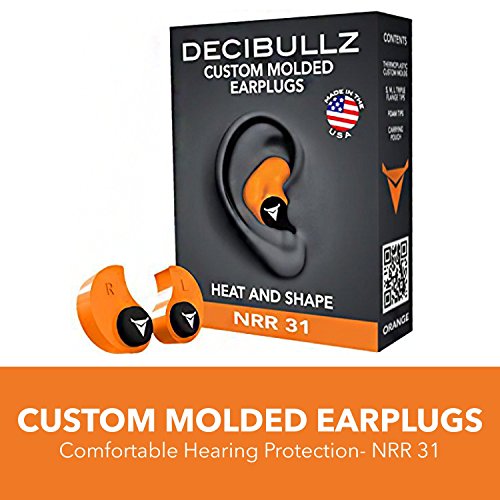 Decibullz Custom Molded Earplugs 31dB Highest NRR. Comfortable Hearing Protection for Shooting, Travel, Sleeping, Swimming, Work and Concerts (Orange)