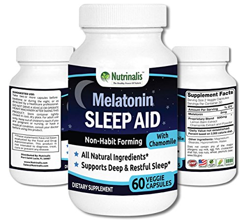 Melatonin Sleep Aid Non-Habit Forming With Chamomile and Lemon Balm Extract All Natural Helps You Fall Asleep Fast & Stay Asleep 60 Veggie Caps MADE IN THE USA