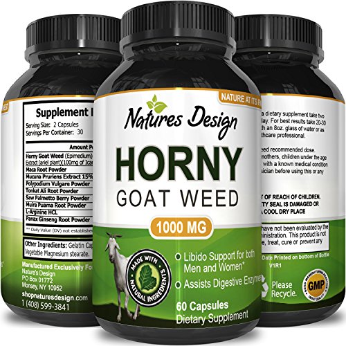 Horny Goat Weed Herbal Complex Extract for Men & Women | Ginseng, 100% Maca Root Tongkat Ali Powder | 60 1000mg Optimum Dosage Capsules | Energy, Stamina, Performance | USA Made by Natures Design