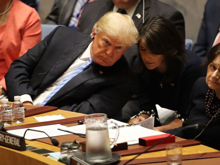 Mr Trump and Ms Haley at a United Nations Security Council meeting in New York