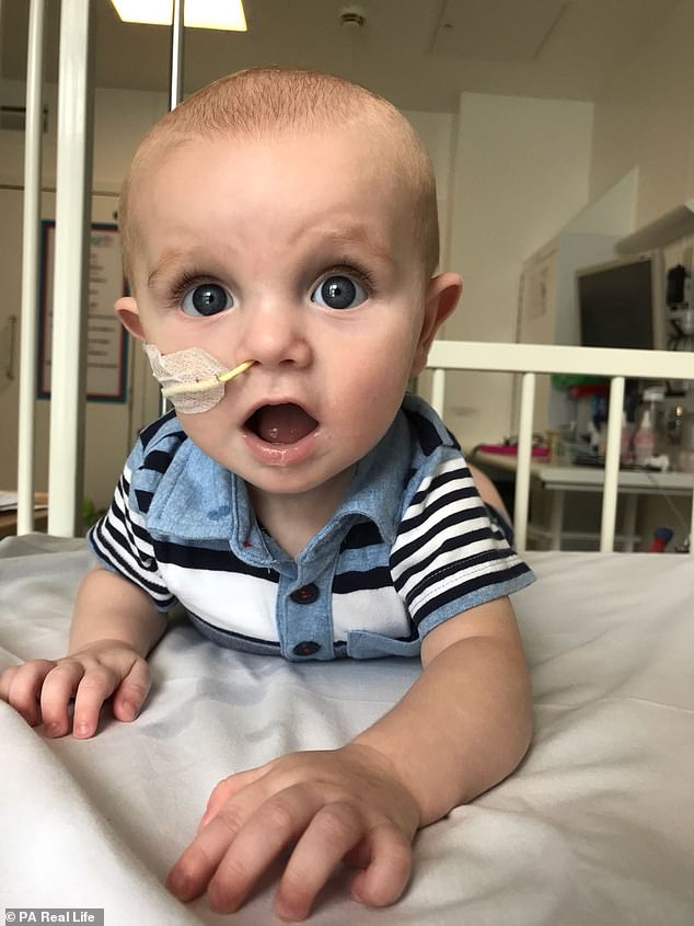 Milo was born with severe combined immunodeficiency, which left him unable to fight off even the mildest infection. He is pictured at the 'bubble' ward of Great North Children's Hospital in Newcastle - 150 miles from his family home in Hull, where he stayed for months 