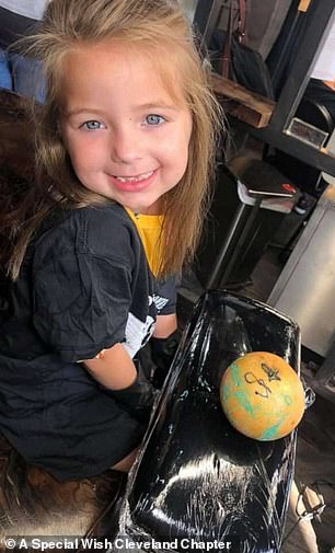 Maja, five, is battling acute lymphoblastic leukaemia. A charity arranged for her to live out her dream of being a tattoo artist. The youngster is pictured after tattooing her name on a grapefruit