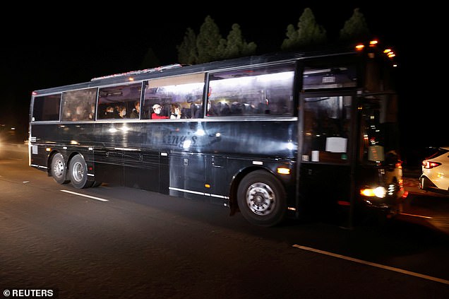 Hundreds of Americans have been taken off the Grand Princess cruise ship and driven to military bases around America to start two weeks of quarantine after a coronavirus outbreak on board. Pictured, a bus arrives at Travis Air Force Base