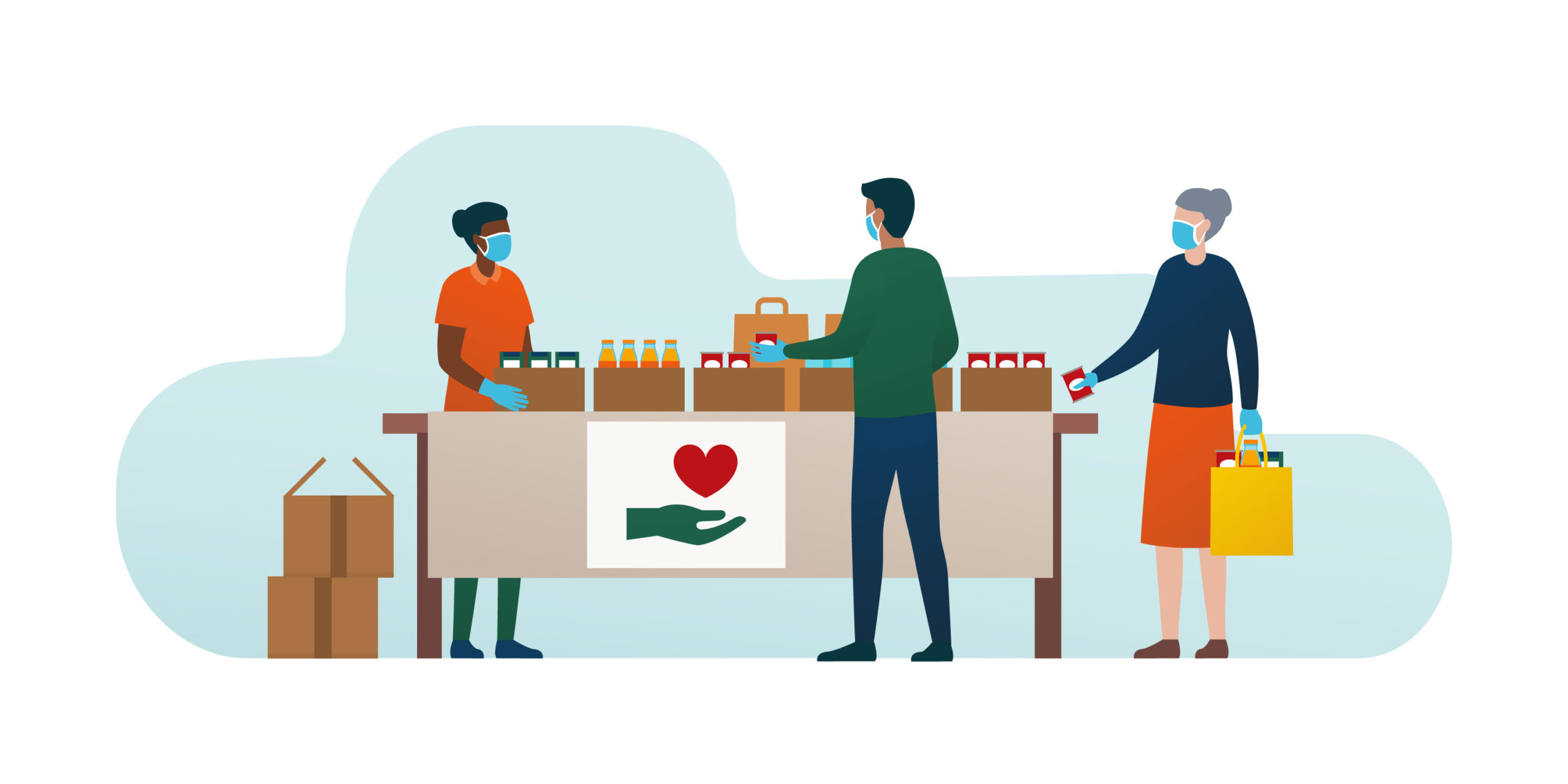 Illustration of a food bank with three people